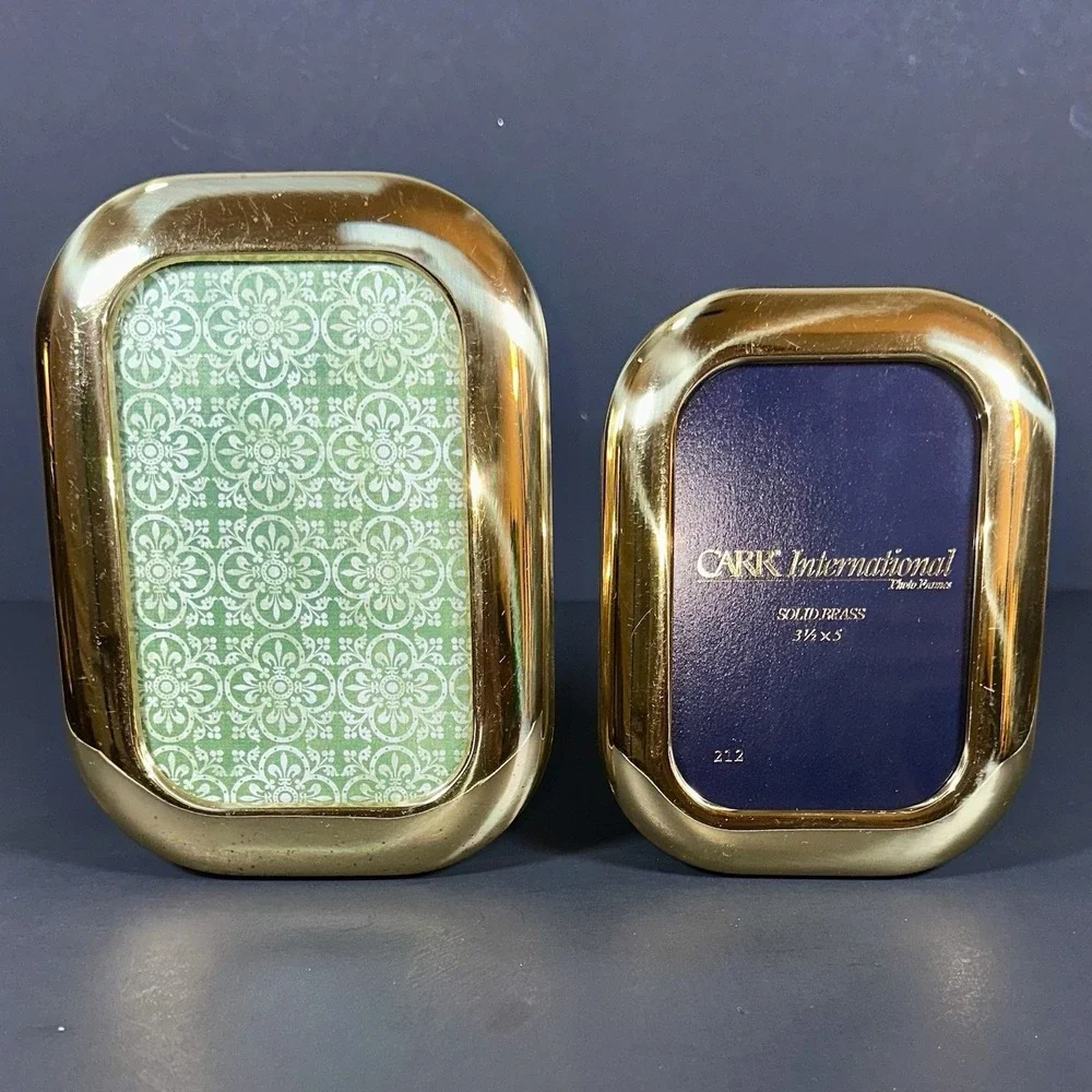 MCM Art Deco Vtg Carr International Solid Brass Photo Frames Rounded 4x6 & 3.5x5